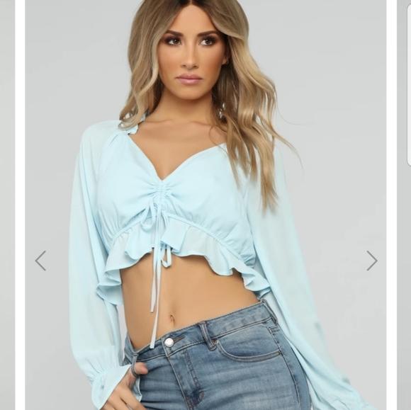 Light Blue adjustable tie front long sleeve crop top - Picture 1 of 1